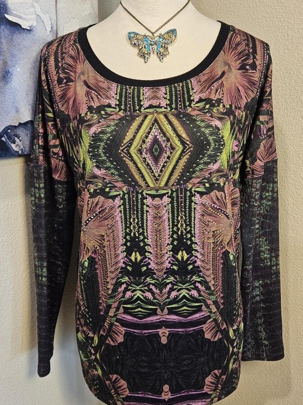 Euro Y2K Custo Barcelona Black Long Sleeve Top with Rhinestones Archival SZ 2/M